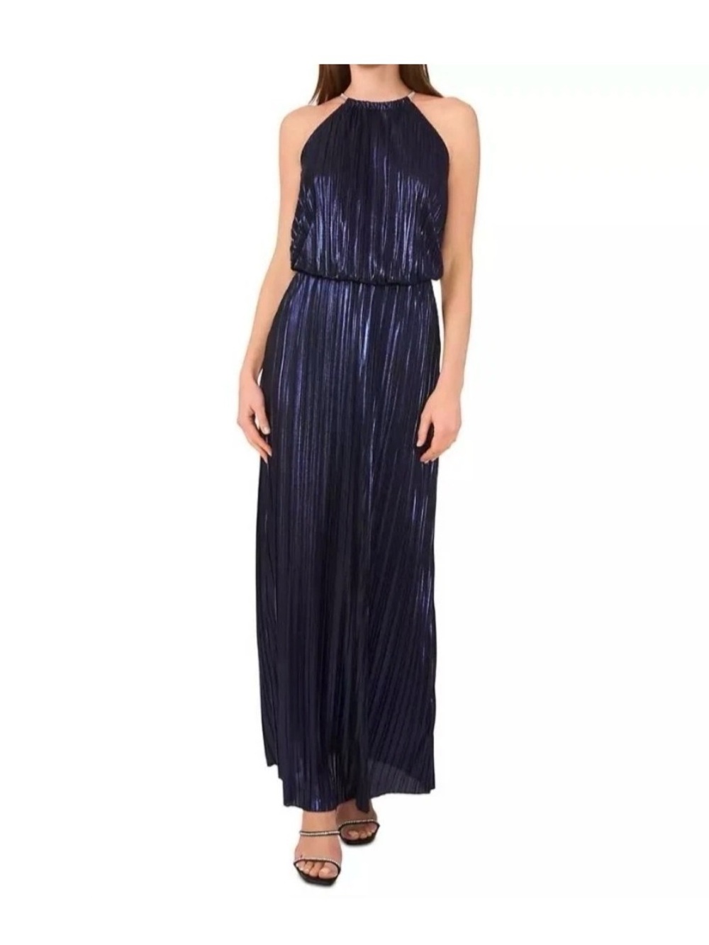 MSK petite Halter neck Blouson Navy Pleated Halter Maxi Dress New 12p